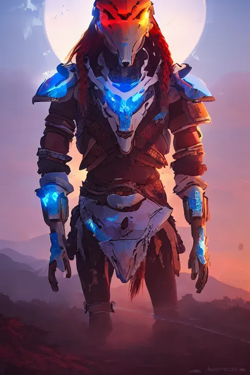 Image similar to combination suit armor aloy horizon forbidden west horizon zero dawn radiating a glowing aura global illumination ray tracing hdr fanart arstation by ian pesty and alena aenami artworks in 4 k tribal robot ninja mask helmet backpack