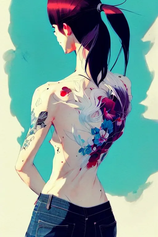 Image similar to a ultradetailed beautiful back painting of a stylish woman with white hair in a short pony tail, she is wearing jeans, by conrad roset, greg rutkowski and makoto shinkai trending on artstation