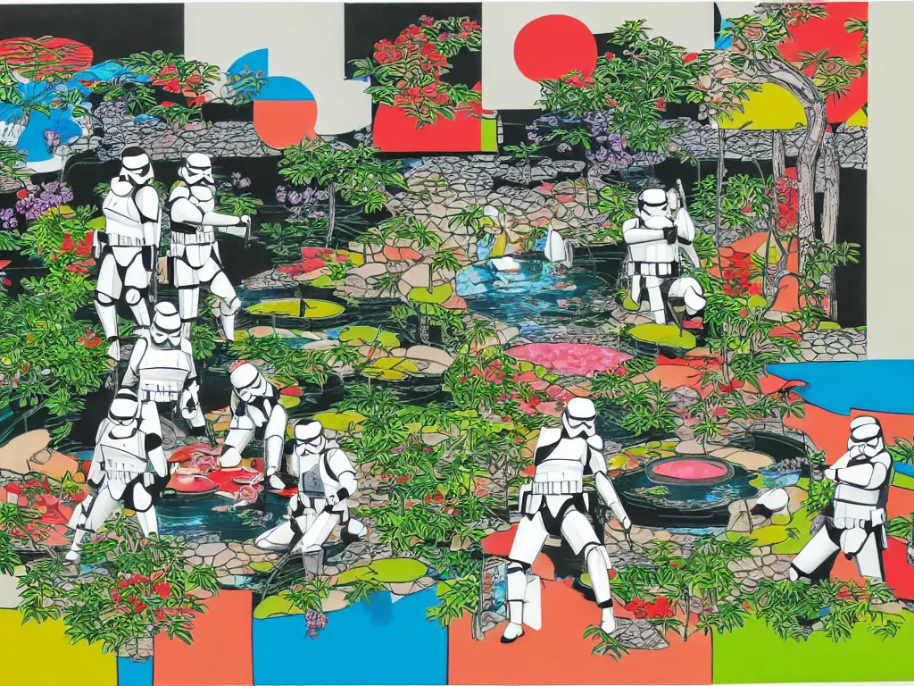 Image similar to detailed composition of the japanese home with a garden and a pond, 2 stormtroopers sitting around it, pop - art style, jacky tsai style, andy warhol style, rich palette, acrylic on canvas