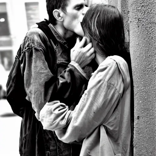 Prompt: portrait beautiful girl kissing dirty homeless old man