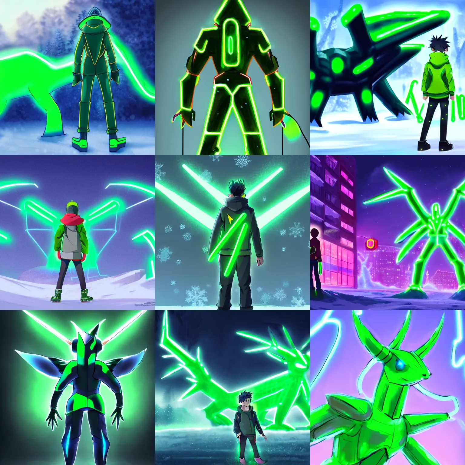 Prompt: a boy in winter clothing, standing in front of a big neon green metallic dialga, concept art, digital art, very detailed, anime, back - shot, d & d, pokemon, 8 k hd