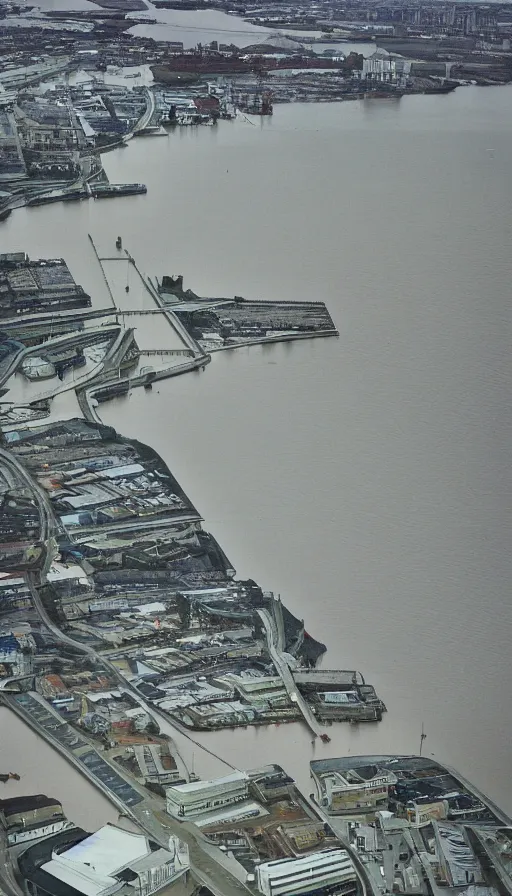 Image similar to colour 35mm film photograph of a scifi storm surge barrier. modern architecture. aerial perspective. very epic!! film grain