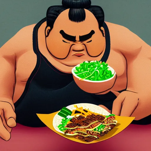 Prompt: a sumo wrestler eating tacos, highly detailed, photo realistic, bokeh, neon taco sign, moody atmosphere, 8 k