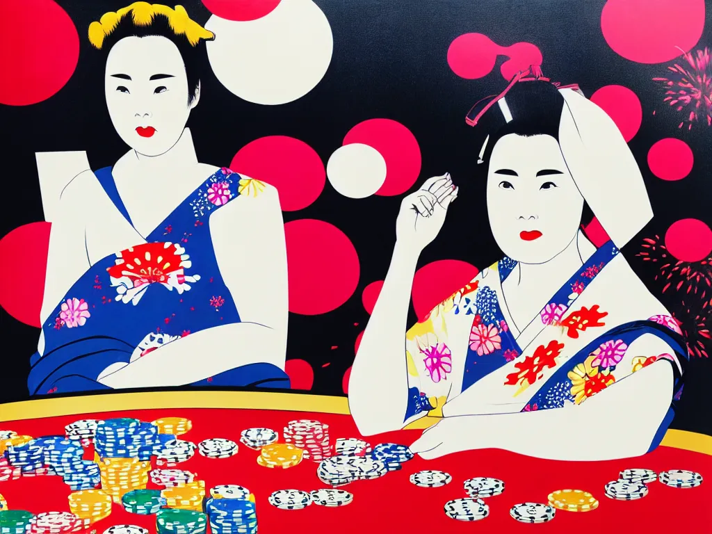 Image similar to hyperrealistic composition of the woman in a japanese kimono sitting at a poker table with darth vader, fireworks, mount fuji on the background, pop - art style, jacky tsai style, andy warhol style, acrylic on canvas