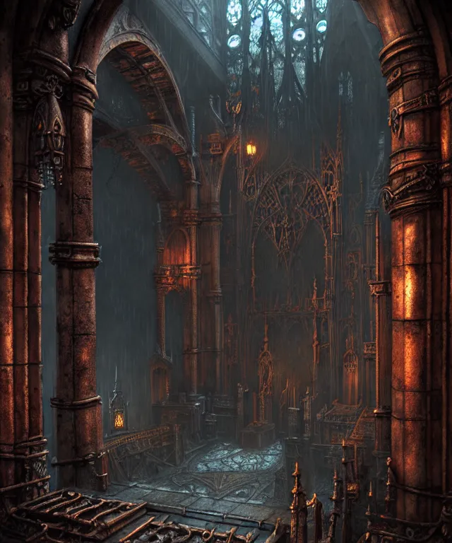 Image similar to steam necropolis, memento mori, gothic, neo - gothic, art nouveau, hyperdetailed copper patina medieval icon, stefan morrell, philippe druillet, ralph mcquarrie, concept art, steampunk, unreal engine, detailed intricate environment, octane render, moody atmospherics, volumetric lighting, ultrasharp, ominous, otherworldly