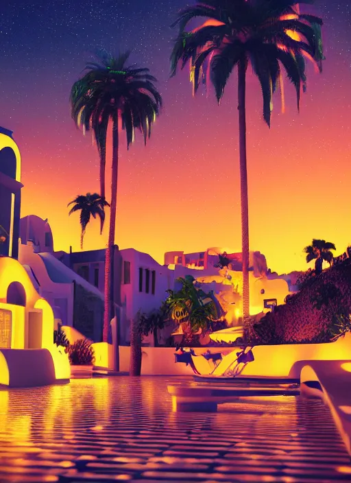 Prompt: night time neon, Art Deco, in SANTORINI island, palm trees, crystal clear neon water, starry night, Trending artstation, octane render, cgsociety, surrealist, cinematic, shadow of the tomb rider