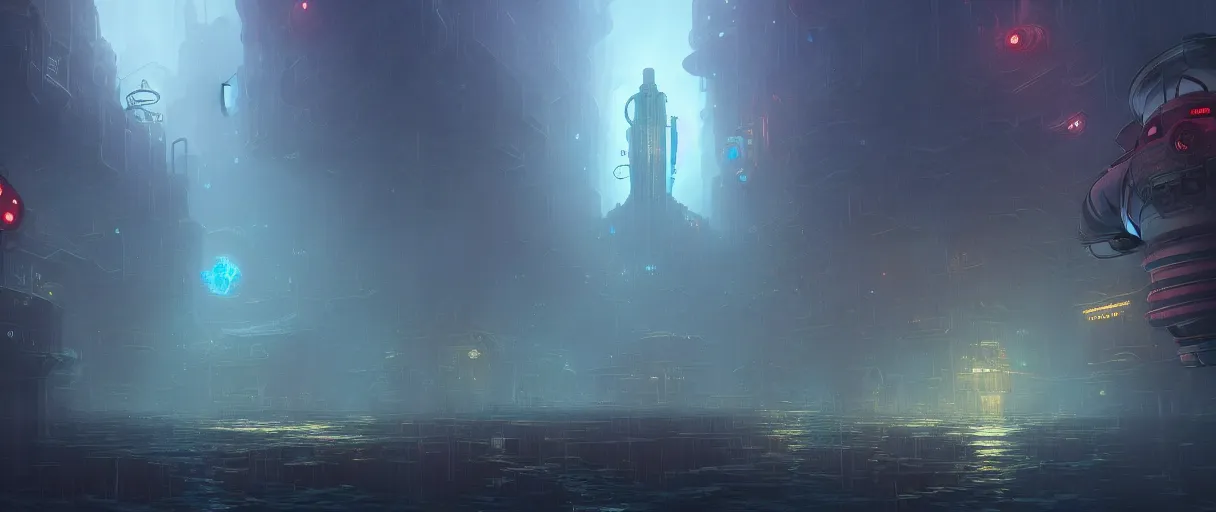 Image similar to digital painting of an underwater dystopian city, rapture from bio shock, style of Ralph Mcquarrie, concept art, high angle, high detail, cold lighting, dark, vivid, beautiful, caustics, trending on artstation, by Jordan grimmer, no focus, huge scene