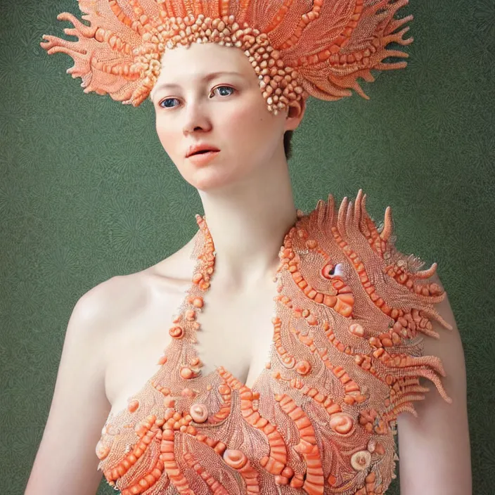 Prompt: photo portrait of a beautiful woman like a nynph-sea-angel, dressed in long elegant intricate ornamental coral and shells white dress, natural skin tone, intricate fractal highly detailed coral and shells ornament in the upper side of breast, bust with a very long neck , elegant, highly detailed intricate coral and shells ornament in her blond long hair, Realistic, Refined, Highly Detailed, Cinematic Lighting, fine art photography by Paolo Roversi, volumetric lighting, hyper realistic photography, dramatic colors scheme