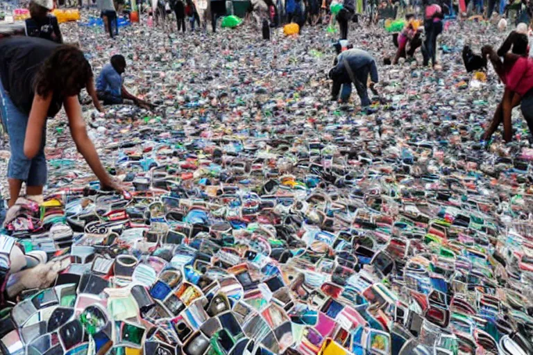 Image similar to sugondese people sorting a giant pile of compact discs