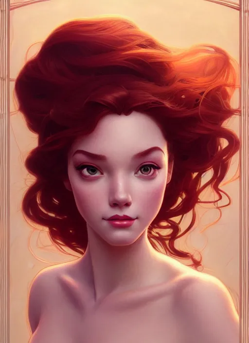 Image similar to portrait of disney ariel, intricate, elegant, highly detailed, my rendition, digital painting, artstation, concept art, smooth, sharp focus, illustration, art by artgerm and greg rutkowski and alphonse mucha and uang guangjian and gil elvgren and sachin teng, symmetry!!