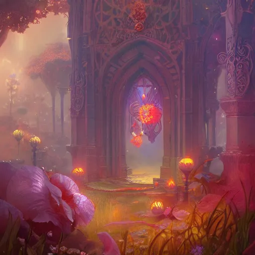 Image similar to dreamlike zelda garden fantasycore , glossy painting, Art Nouveau Cosmic 4k Detailed Matte Illustration featured on Getty Images ,CGSociety, Jade and Carrot orange color scheme, Pastiche by Marc Simonetti, Pastiche by Cedric Peyravernay