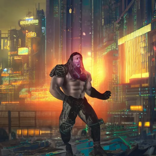 Prompt: photo of hercules in a cyberpunk setting