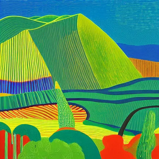 Image similar to a wild modernist landscape painting filled with energy patterns rippling in all directions, mountains, rushing water, saturated colors. David Hockney.