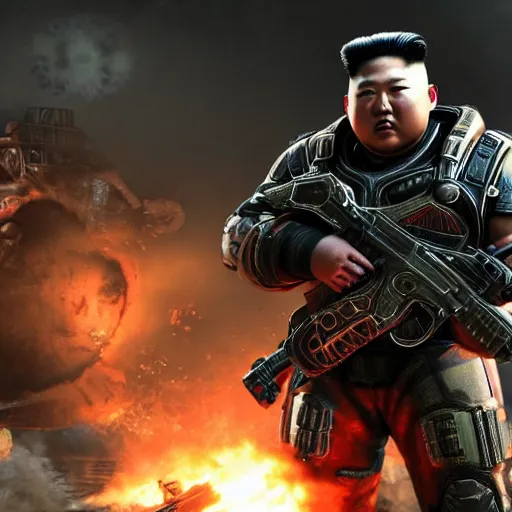 Image similar to kim - jong un in gears of war, splash art, movie still, detailed face, cinematic lighting, dramatic, octane render, long lens, shallow depth of field, bokeh, anamorphic lens flare, 8 k, hyper detailed, 3 5 mm film grain