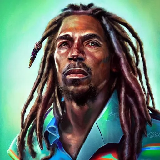 Prompt: portrait of rastafarian ronald reagan with dreadlocks, cyberpunk setting, futuristic, highly detailed, intricate lighting, digital painting, sharp focus, illustration, trending on artstation, art by magali villenueve.