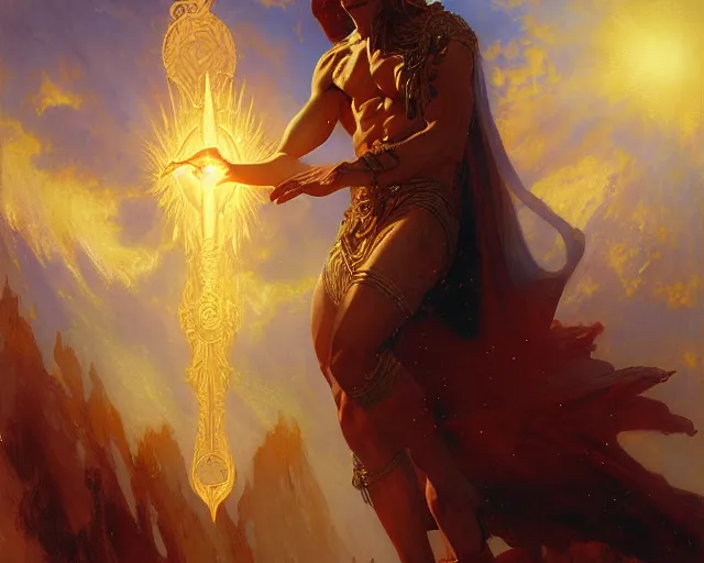 Image similar to attractive male deity, casting demonic magic, summoning handsome lucifer morning star. highly detailed painting by gaston bussiere, craig mullins, j. c. leyendecker 8 k