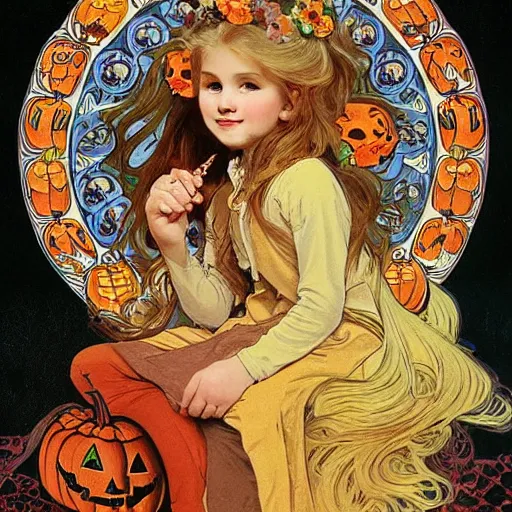 Image similar to a happy little girl with long straight golden blonde hair sitting amidst halloween decor, skulls and pumpkins. beautiful highly detailed face, beautiful painting by alphonse mucha