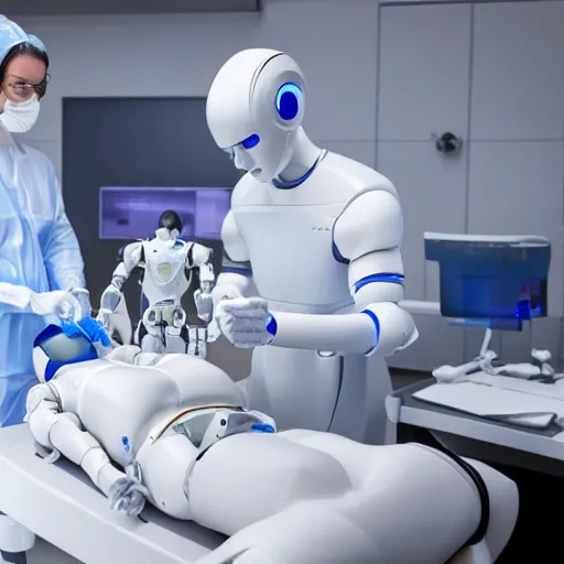 Prompt: realistic. high tech room, all white, sci fi. humanoid robot laying on operating table. female surgeon standing by