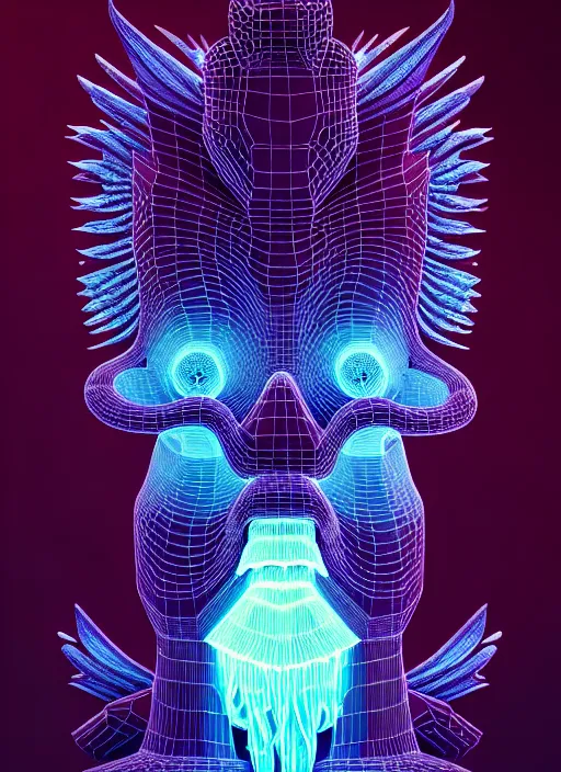 Image similar to 3 d totem portrait, sigma 5 0 0 mm f / 5. beautiful intricate highly detailed quetzalcoatl skull and feathers. bioluminescent, plasma, lava, ice, water, wind, creature, thunderstorm! artwork by tooth wu and wlop and beeple and greg rutkowski, 8 k trending on artstation,