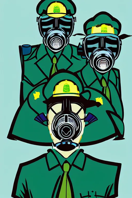 Prompt: cops member departement using gas mask, with blue and green blouse, high member use army hats. digital art, graphic novel, pop art, bioshock art style, accurate, detailed, gta chinatown art style, dynamic, face features, body features, ultra realistic, concept art, smooth, sharp focus, art by richard hamilton and mimmo rottela