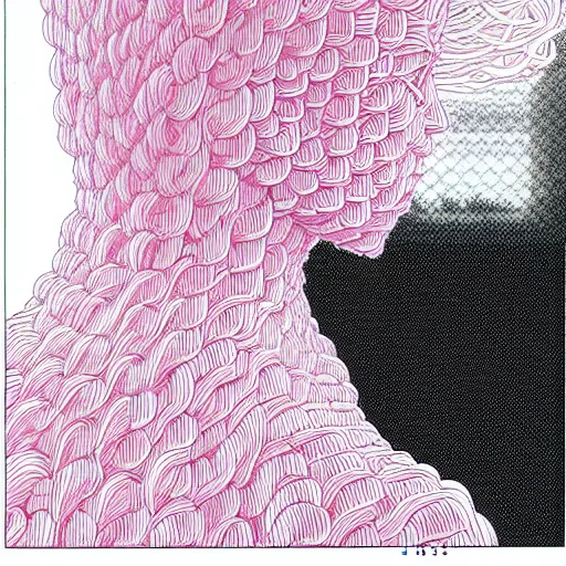 Image similar to hyper-detailed manga illustration of a human form made of pink patch cables, with a large modular synthesizer