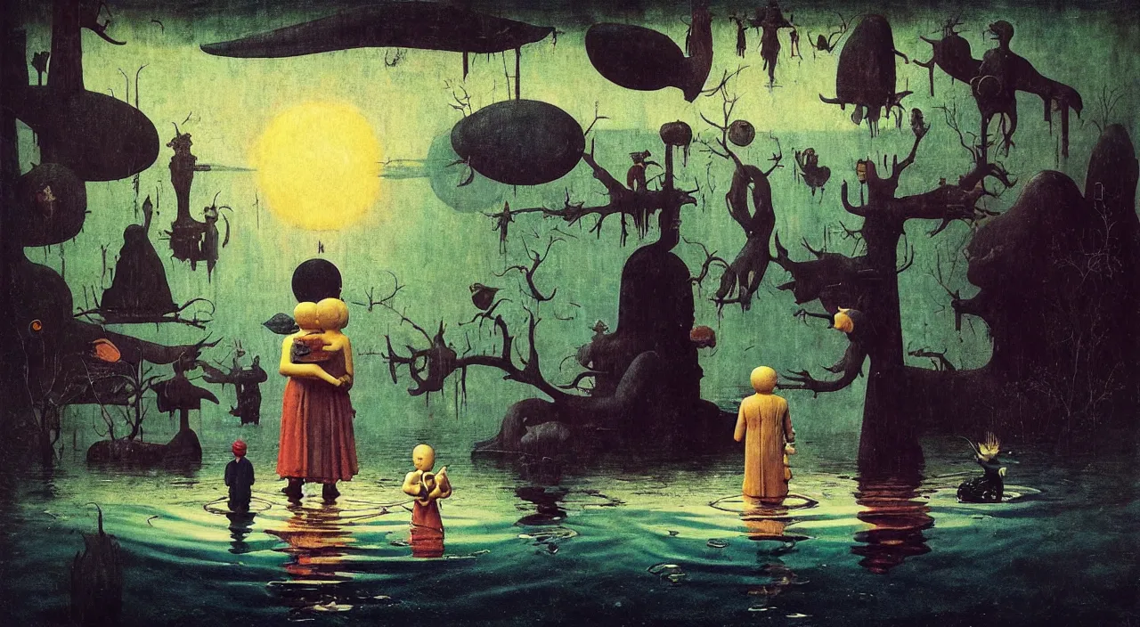 Image similar to single flooded simple!! doll totem!! pole, very coherent and colorful high contrast masterpiece by norman rockwell franz sedlacek hieronymus bosch dean ellis simon stalenhag rene magritte gediminas pranckevicius, dark shadows, sunny day, hard lighting