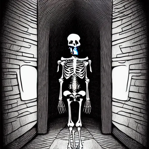 Image similar to storybook illustration of an open wardrobe revealing the entrance to a fantastic world featuring surreal horror skeleton, storybook illustration, monochromatic