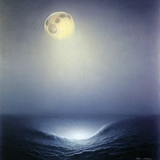 Image similar to moon fall over the ocean by zdzislaw beksinski, oil on canvas