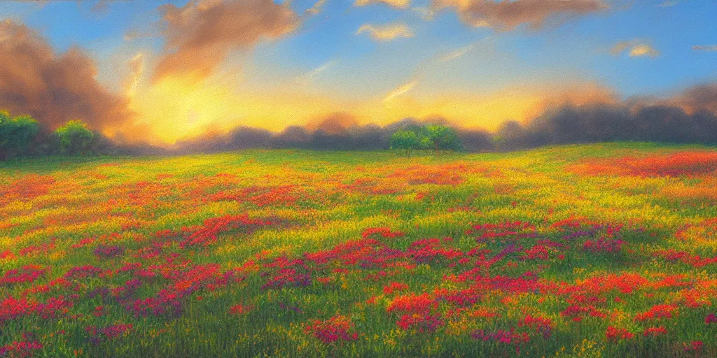 Prompt: oil painting, landscape, flowers field. golden hour. pastel colors. matte painting, 4k