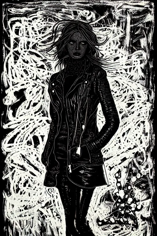 Image similar to dreamy rock girl, black leather jacket, detailed acrylic, grunge, intricate complexity, by dan mumford and by alberto giacometti, peter lindbergh, malevich, william stout