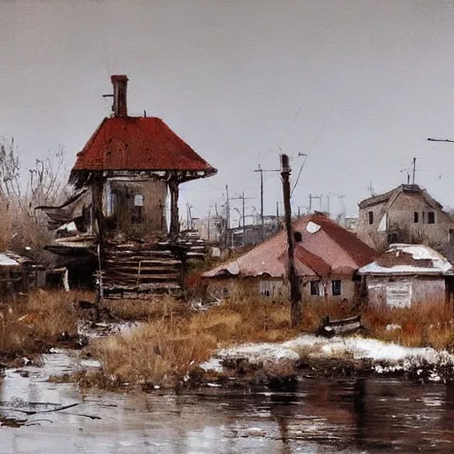 Image similar to painting by jakub rozalski of abandoned eastern european village