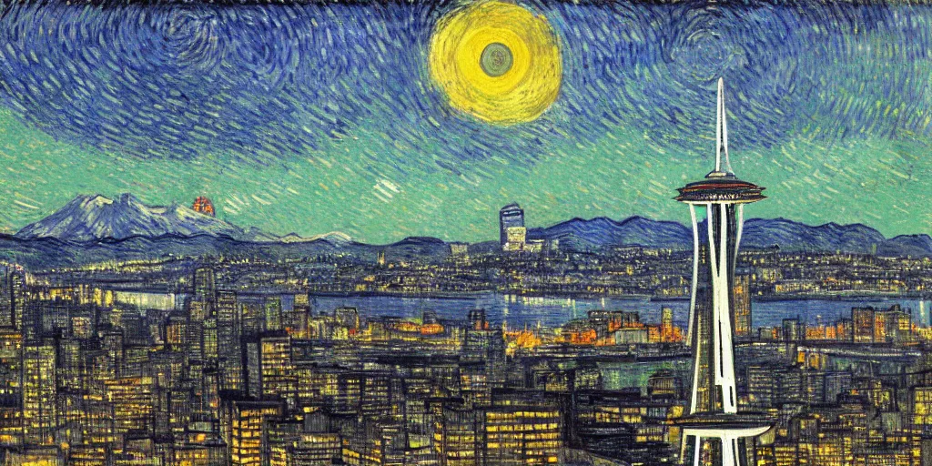 Prompt: downtown Seattle at night, with Space Needle, by VanGogh, detailed