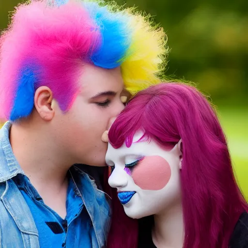 Image similar to teenager with pink hair kissing a clown girl