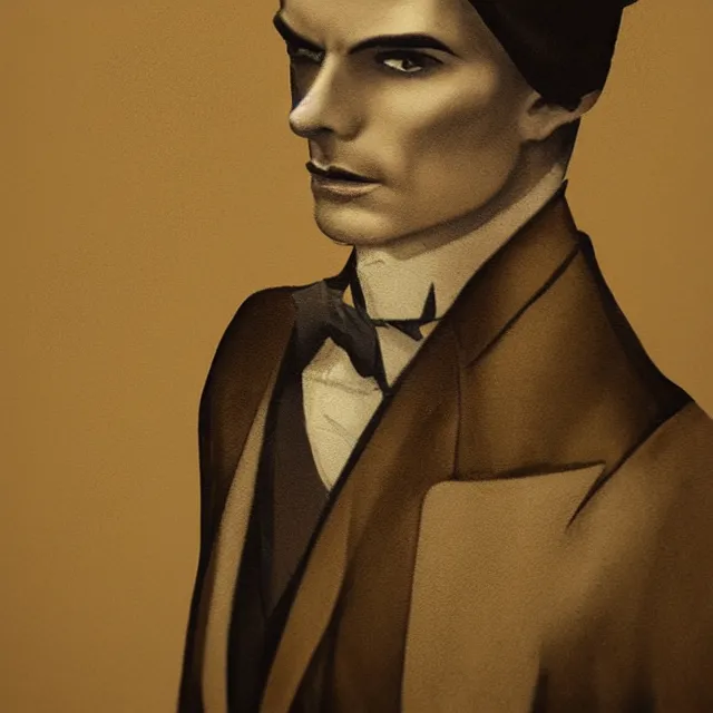 Image similar to photorealistic sepia full - head portrait of a 1 9 2 0 s era smirking male occultist, well dressed, long - tailed tuxedo coat, atmospheric lighting, dark, brooding, painted, intricate by chris cunningham, ultra detailed, well composed, best on artstation, cgsociety, epic, stunning, gorgeous, intricate detail, much wow, masterpiece