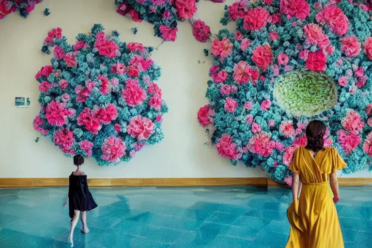 Image similar to giant flower head, girl walking in hotel, surreal, symmetry, flat space, fanciful, colourful, detailed, wes anderson