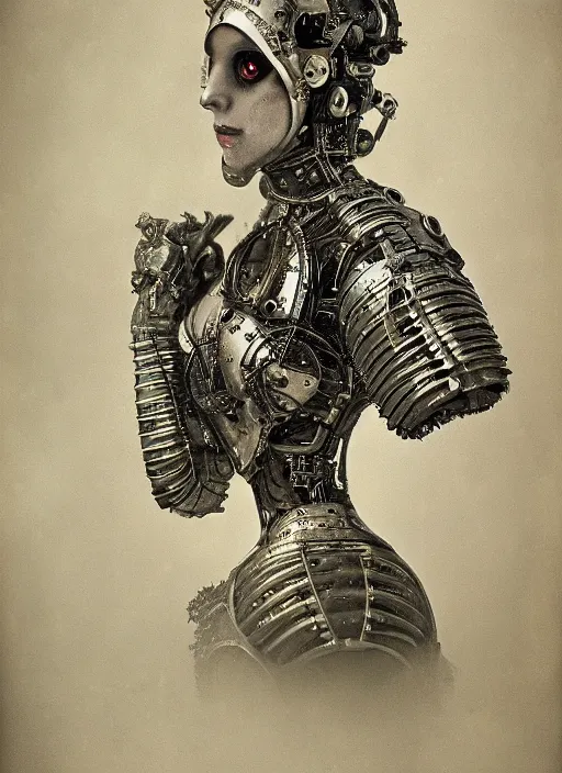 Prompt: old wetplate daguerreotype portrait of a futuristic silver armored headless marie antoinette cyborg, fractal, intricate, elegant, highly detailed, parallax, leica, medium format, subsurface scattering, by jheronimus bosch and greg rutkowski and louis jacques mande daguerre