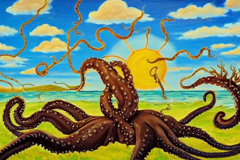 Prompt: a happy sunny oil painting of a kraken devouring the ancient home of the baby seals, bright sunny day with puffy clouds, relaxing