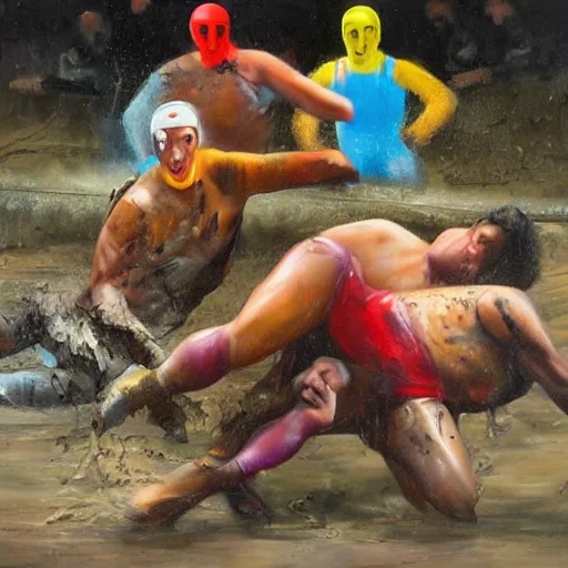 Prompt: 3 drunks fall over mud - wrestling,, oil painted ( ( ( ( ( ( by jeef koons ) ) ) ) ) )