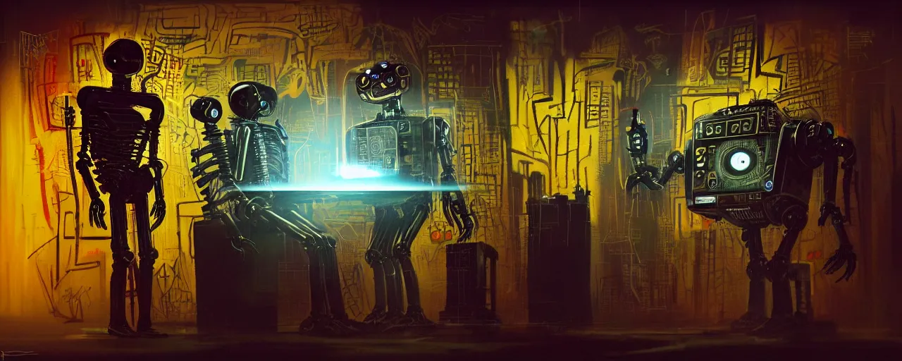 Image similar to dark scifi illustration 3 / 4 portrait of a robots having a meeting, reading necronomicon. cinematic lighting mad scientist style. golden ratio accidental renaissance. in the style of jean michel basquiat. graffiti art, scifi, fantasy, hyper detailed. octane render. concept art. trending on artstation