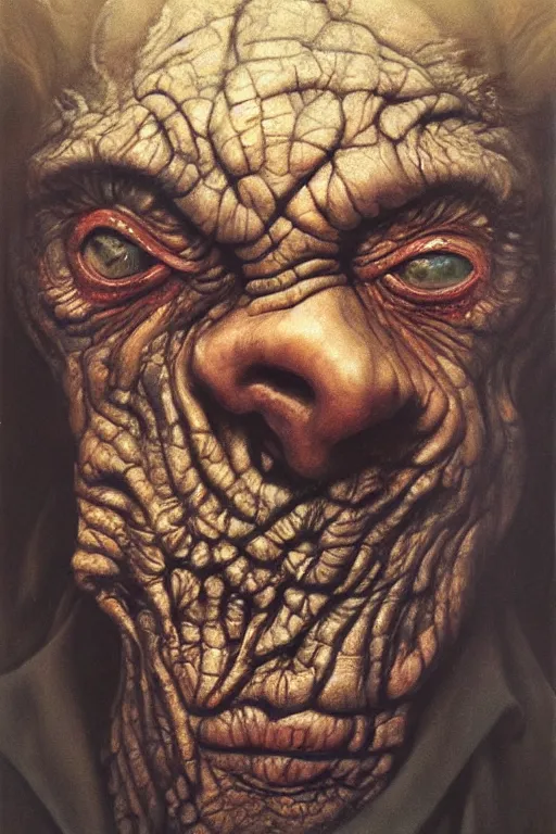 Prompt: hyperrealism oil painting, close - up portrait of a scary old man with a thousand eyes and mandibles, in style of baroque zdzislaw beksinski