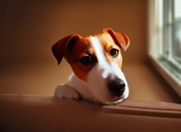Image similar to photography of a jack russel. watching outside the window. on a bed. in a vintage room full of vinyls and posters, volumetric light, photorealistic, award winning photo, 1 0 0 mm, sharp, high res