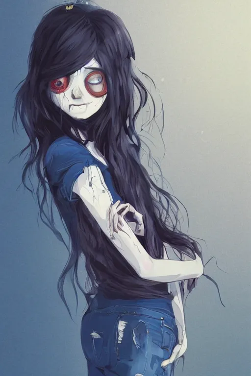 Prompt: urban school zombie girl in tattered clothes crouching in a corner fanart, dark blue long hair, muted colors, matte print, pastel colors, ornate, digital art, cute smile, digital painting, fan art, elegant, pixiv, by Ilya Kuvshinov, by Studio Ghibli