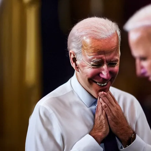 Image similar to smiling biden with closed eyes praying in a russian church