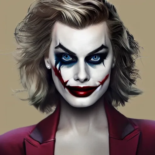 Image similar to beautiful margot robbie with joker makeup, highly detailed, realistic face, digital art