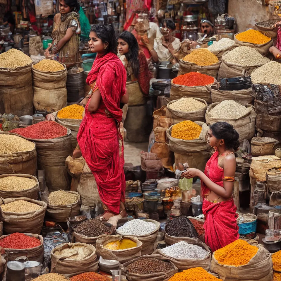 Image similar to young indian woman standing in a spice market weighing out spices, masterful intricate artwork, high detail 8 k