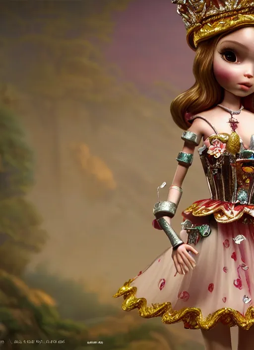 Image similar to highly detailed closeup, profile portrait of a tin toy fairytale princess wearing a crown, bikini, unreal engine, nicoletta ceccoli, mark ryden, earl norem, lostfish, global illumination, detailed and intricate environment