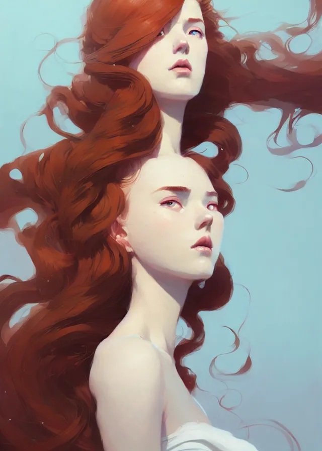 Prompt: beautiful artistic - wave highly detailed full - body portrait female, front facing, long red hair, by atey ghailan, by greg rutkowski, by greg tocchini, by james gilleard, by joe fenton, by kaethe butcher, dynamic lighting, gradient light blue, brown, blonde cream and white color scheme, grunge aesthetic