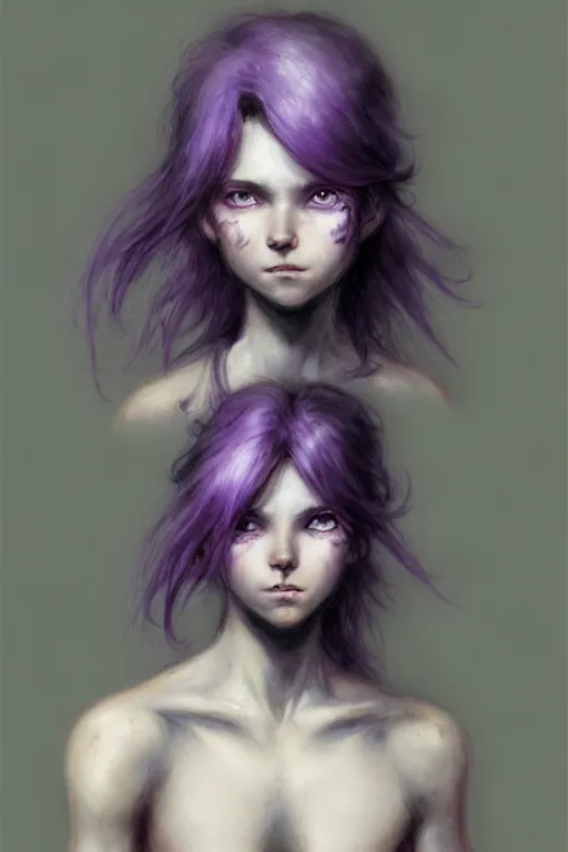 Prompt: character art by jean - baptiste monge, young woman, purple hair, glowing purple eyes