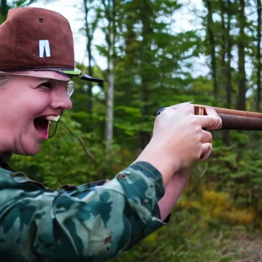 Prompt: Greta thumburg shooting an m60 while laughing with a cigar in mouth, badass camera angle 8k
