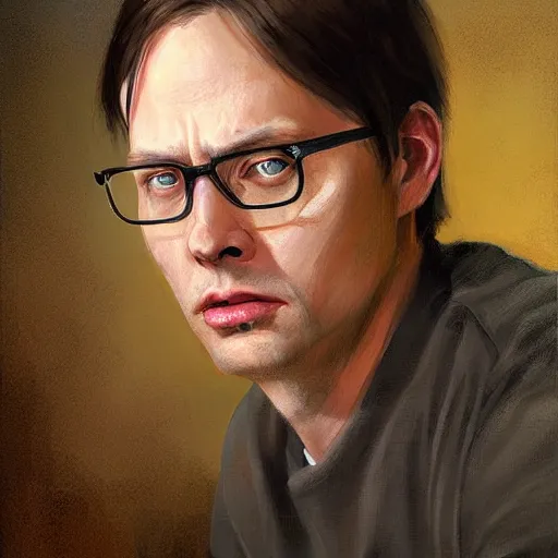 Prompt: hyper realistic, portrait of dwight shrute : : 2, ethnicity : japanese, painted by greg rutkowski, wlop, loish,